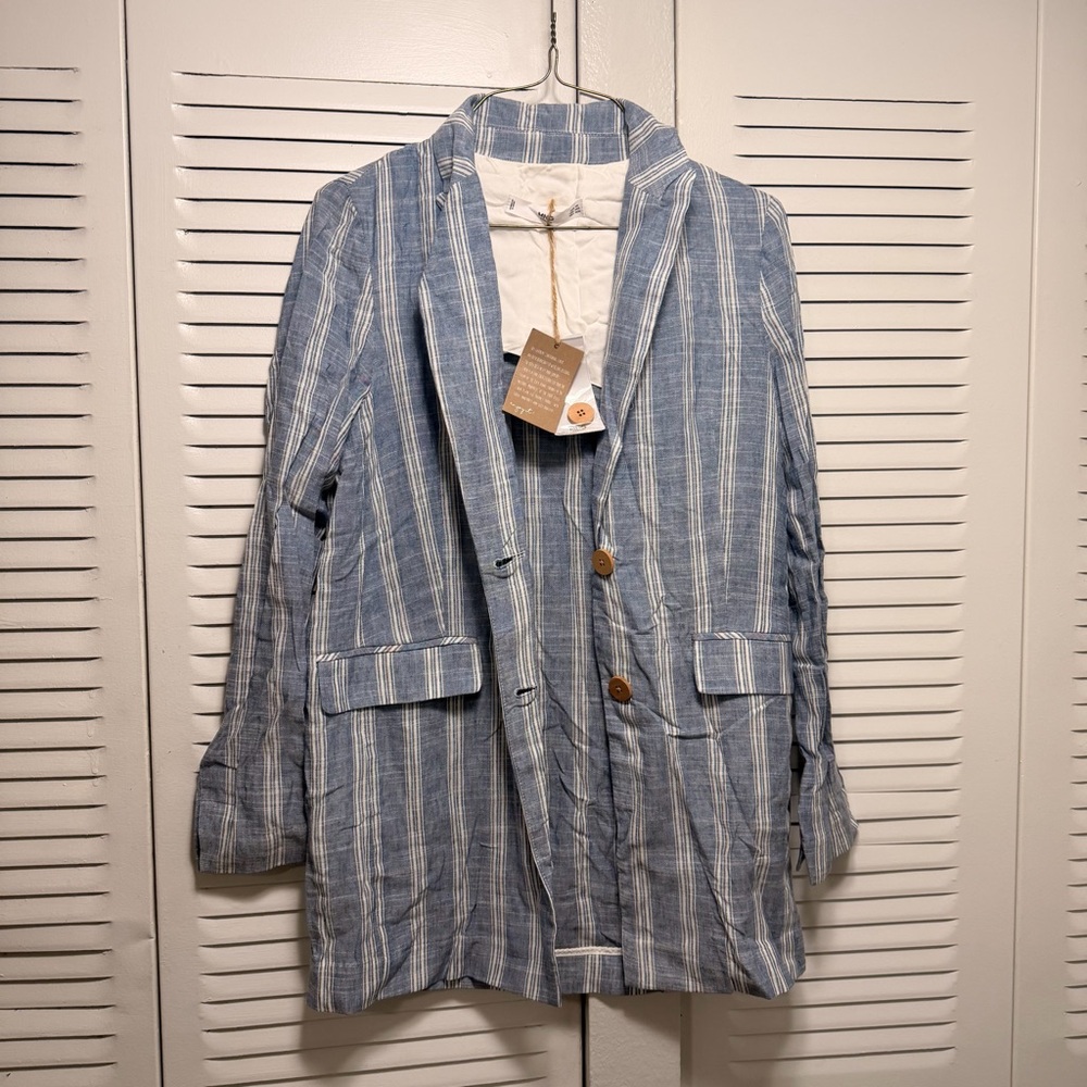 MNG Casual Stylish Blue Striped Women's Blue Dress Button Top Size XXS…NWT